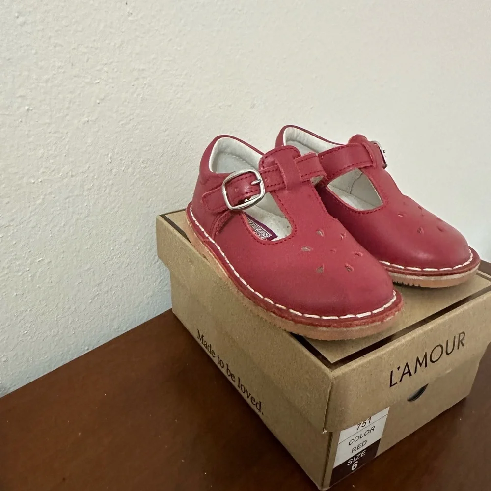 L'Amour Red Leather T-Strap Mary Jane Kids Shoes